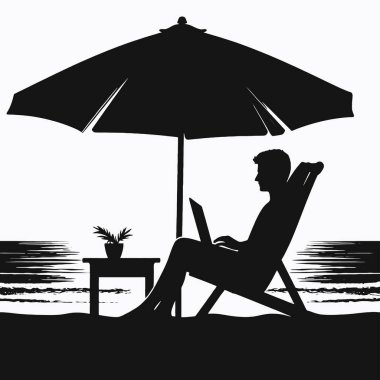 Saf siyah insan silueti. Plaj sandalyesinde şemsiyesinin altında dizüstü bilgisayarı olan.
