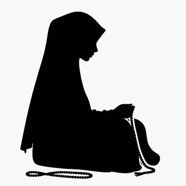 Muslim kız tesettür içinde tasbih silueti ezberden okuyor minimal kara sanat