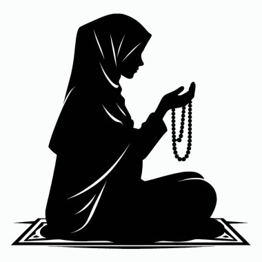 Muslim kız tesettür içinde tasbih silueti ezberden okuyor minimal kara sanat