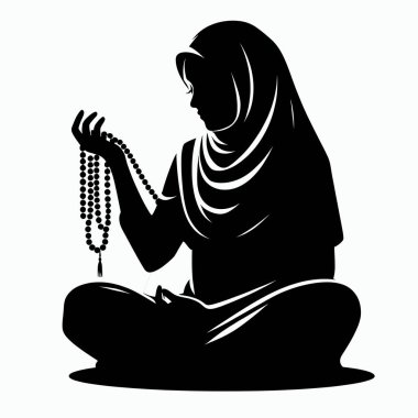 Muslim kız tesettür içinde tasbih silueti ezberden okuyor minimal kara sanat
