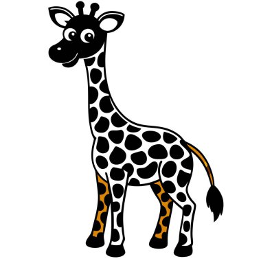 Beyaz arka planda benekleri olan siyah ve gri renkli zürafa.