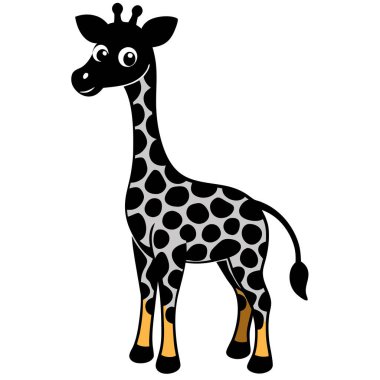 Beyaz arka planda benekleri olan siyah ve gri renkli zürafa.