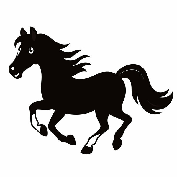 черный мультяшный конь, бегущий с гривой и хвостом