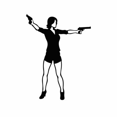 Siyah siluet, elinde iki tabanca tutan bir kadın.