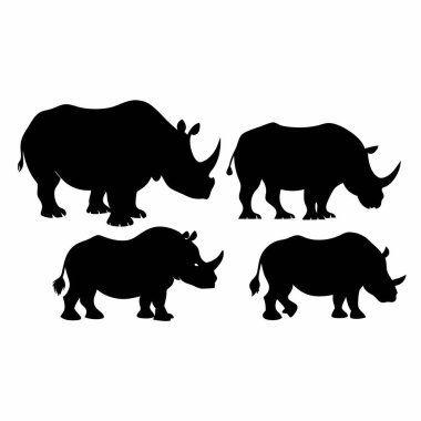 Beyaz arkaplanda farklı pozlarda dört siyah gergedan silueti