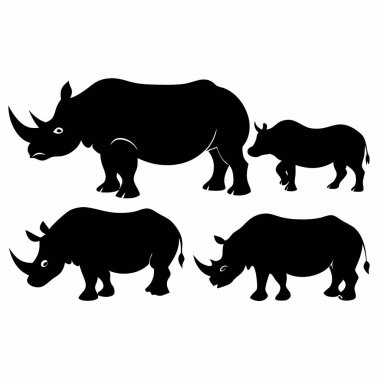 Beyaz arkaplanda farklı pozlarda dört siyah gergedan silueti