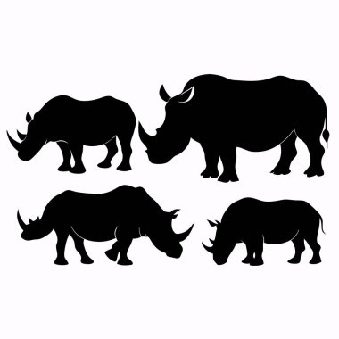 Beyaz arkaplanda farklı pozlarda dört siyah gergedan silueti