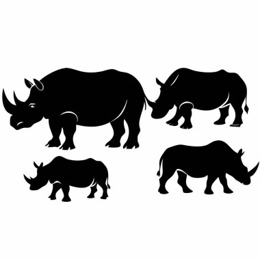 Beyaz arkaplanda farklı pozlarda dört siyah gergedan silueti