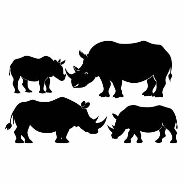 Beyaz arkaplanda farklı pozlarda dört siyah gergedan silueti