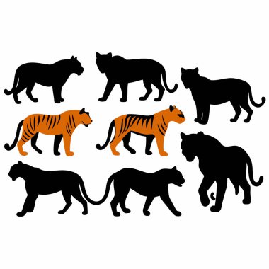 Siyah ve turuncu vektör sanatında yedi kaplan hayvanı