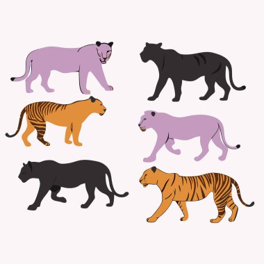 Çeşitli pozlarda altı kaplan katı renk vektörü çizimi