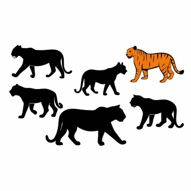 Beyaz arka planda kaplan siluetleri ve çizgili kaplan çizimleri