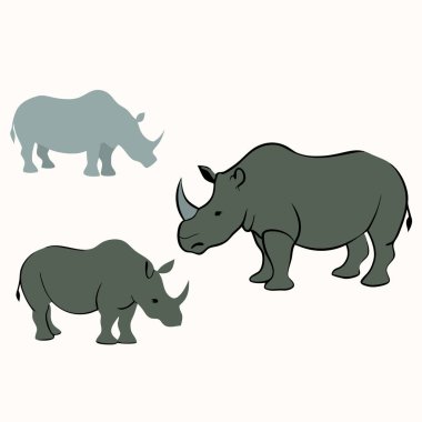 Beyaz arkaplan vektör illüstrasyonunda üç siyah gergedan silueti