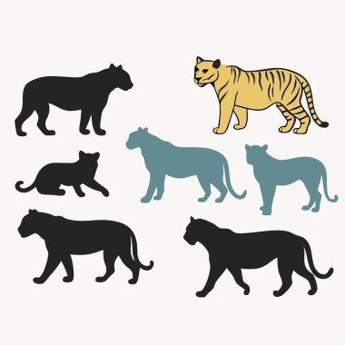 Beyaz arka planda kaplan siluetleri ve çizgili kaplan çizimleri