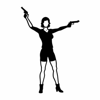 Siyahlı kadın, yükseltilmiş tabanca ve silah vektör sanatı.