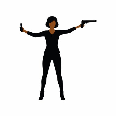 Siyahlı kadın, yükseltilmiş tabanca ve silah vektör sanatı.