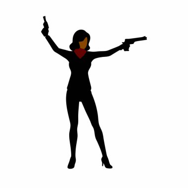 Siyahlı kadın, yükseltilmiş tabanca ve silah vektör sanatı.