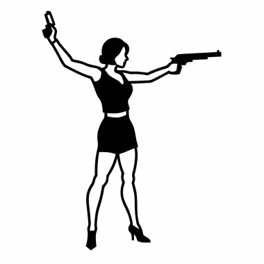 Siyahlı kadın, yükseltilmiş tabanca ve silah vektör sanatı.