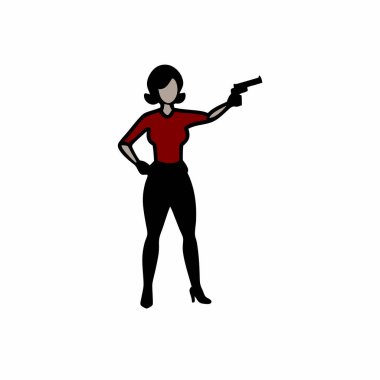 Siyahlı kadın, yükseltilmiş tabanca ve silah vektör sanatı.