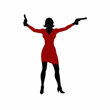 Siyahlı kadın, yükseltilmiş tabanca ve silah vektör sanatı.