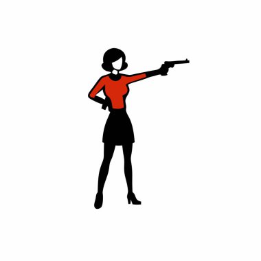 Siyahlı kadın, yükseltilmiş tabanca ve silah vektör sanatı.