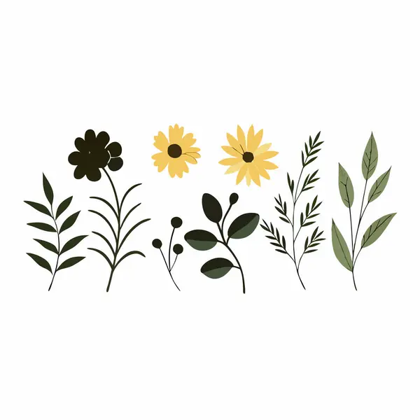 Şekillendirilmiş tropikal bitkiler ve çiçek vektör illüstrasyonu çeşitleri