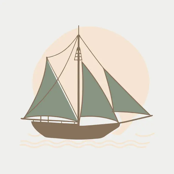 Dalgalı suda yeşil yelkenli yelkenli ve güneş vektörü çizimi