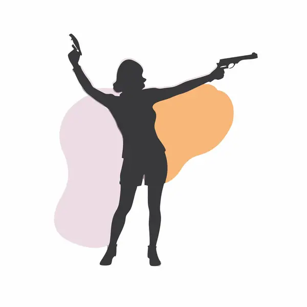 Siyahlı kadın, yükseltilmiş tabanca ve silah vektör sanatı.