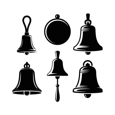 Altı farklı siyah okul çanı silueti farklı tasarım ve pozlar