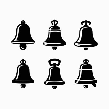 Altı farklı siyah okul çanı silueti farklı tasarım ve pozlar