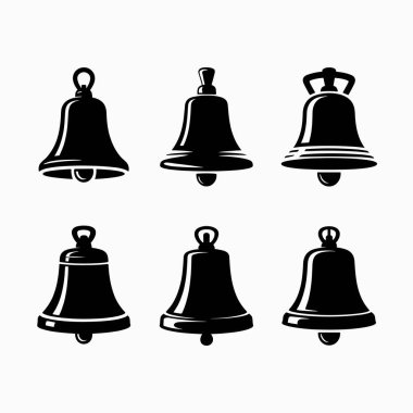 Altı farklı siyah okul çanı silueti farklı tasarım ve pozlar