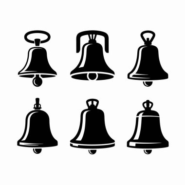 Altı farklı siyah okul çanı silueti farklı tasarım ve pozlar