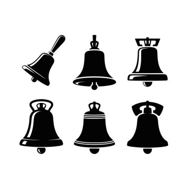 Altı farklı siyah okul çanı silueti farklı tasarım ve pozlar