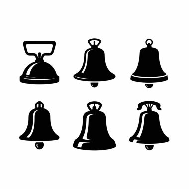 Altı farklı siyah okul çanı silueti farklı tasarım ve pozlar