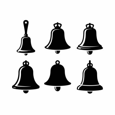 Altı farklı siyah okul çanı silueti farklı tasarım ve pozlar