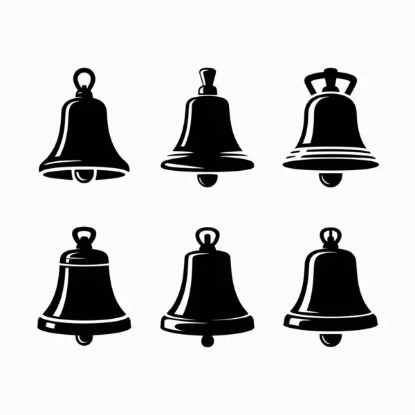 Altı farklı siyah okul çanı silueti farklı tasarım ve pozlar