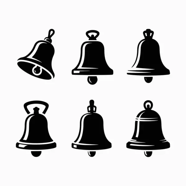 Altı farklı siyah okul çanı silueti farklı tasarım ve pozlar