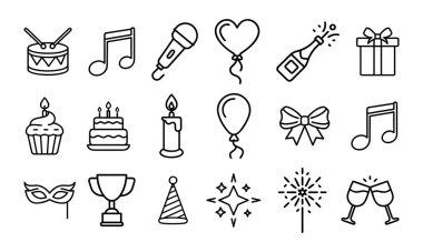 Noel ve parti ikonu müzik seti balonlar pasta şenlik vektör paketi