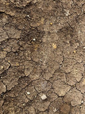 Çatlamış sert bir yüzey, düzensiz dokuları ve doğal erozyon çizgileri olan kuru toprak, kurak araziyi betimliyor..