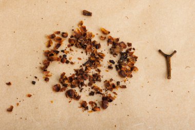 Bir parça kırıntının üst görüntüsü ve bej yüzeyde bir çubuk