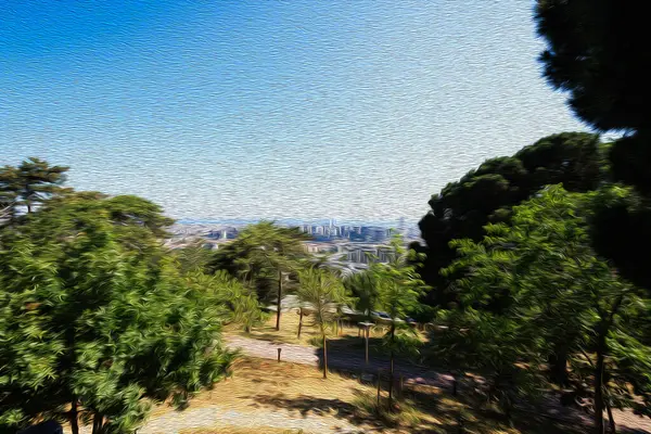 İstanbul 'da ağaçların ve yeşil çimlerin olduğu güzel bir manzara, yağlı boya tarzı, hayal gücü.