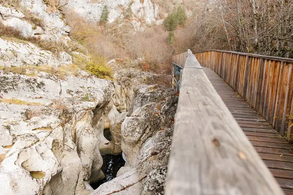 Türkiye 'nin kayalık dağlarındaki bir yaya ahşap köprüsü ve nehrin güzel manzarası