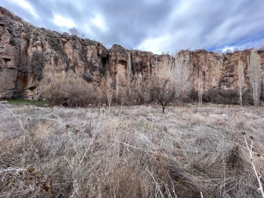 Bulutlu bir günde, kayalık kayalıkların yakınındaki vadide kurumuş otlar.