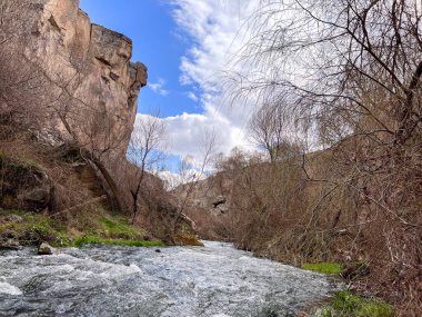 Dağların arasındaki vadide akan nehrin suyu parçalı bulutlu bir günde