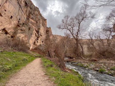 Nehir kıyısındaki vadide ağaçların, kayaların ve otların arasında kirli bir patika.