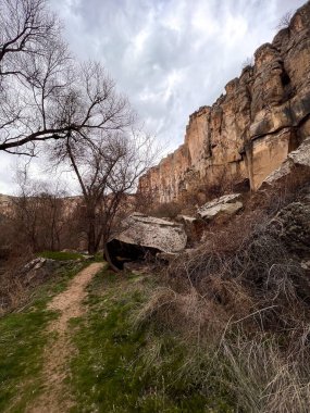 Bulutlu bir günde kayalıklara giden kirli bir patika.