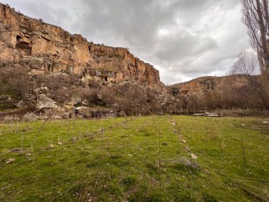Aksaray 'daki Ihlara Vadisi' ndeki kayalık kayalıkların yakınında bir arazi.