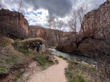 Nehir kıyısında bir patika ve bulutlu bir günde ağaçların arasındaki kayalık uçurum.