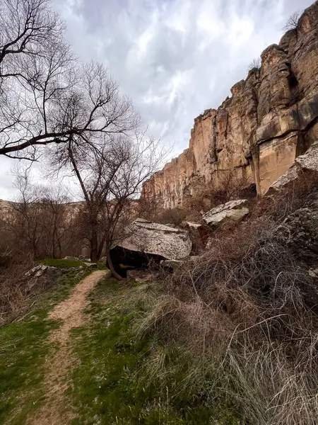 Bulutlu bir günde kayalıklara giden kirli bir patika.