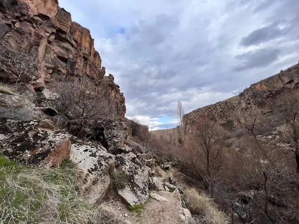 Vadideki kayalık ve bulutlu gökyüzü